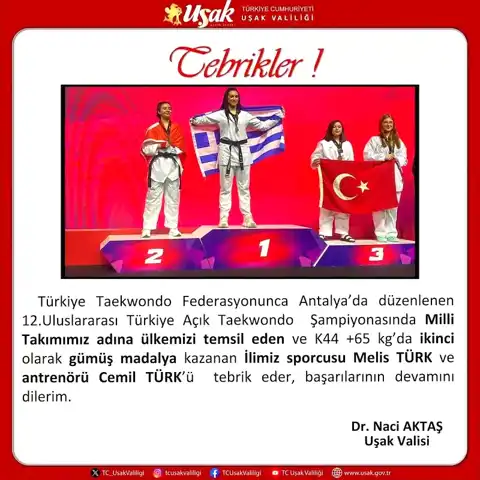 Uşaklı Taekwondo Şampiyonu Melis Türk Gümüş Madalya Kazandı!